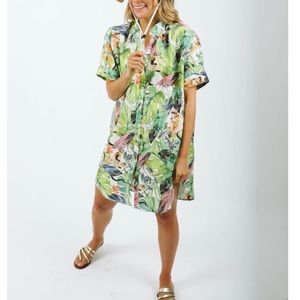 Lanhtropy Linen Shirt Dress Alba  Green Tropicalia Monkey Jungle Shift  S / M